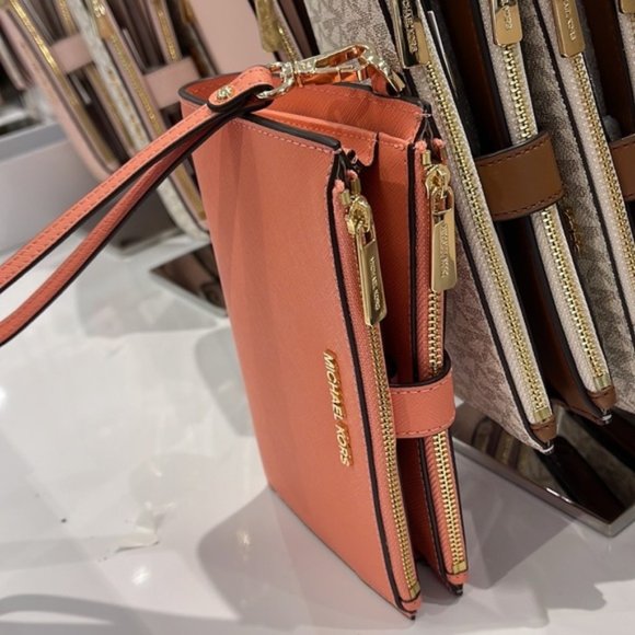 Michael Kors Jet Set Travel Leather Large Double Zip Wallet Wristlet Sherbert - Picture 9 of 16